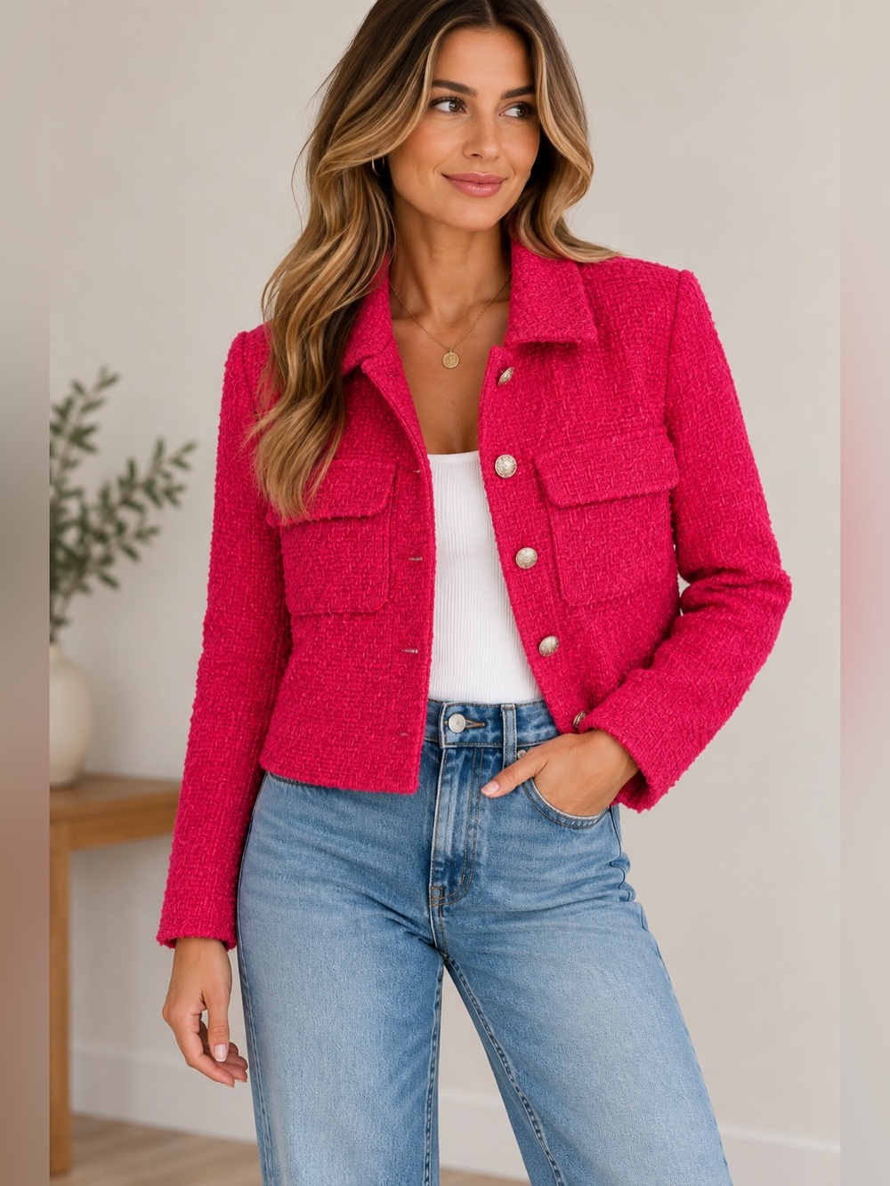 Rachel Zoe Hot Pink Bouclé Tweed Cropped Jacket Size M